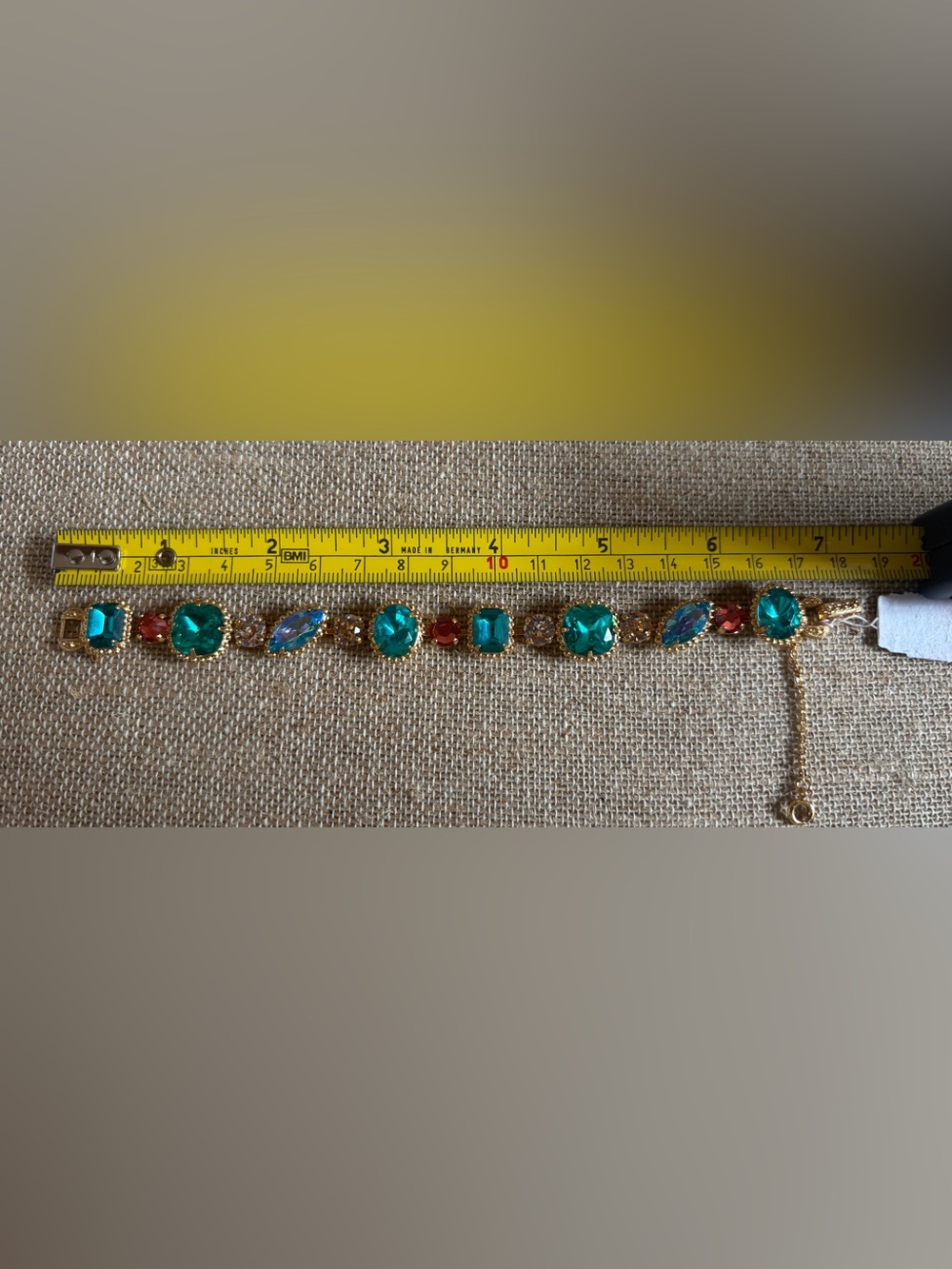 Gold-Tone Multi-Gem Statement Bracelet with Teal and Peach/Pink Stones